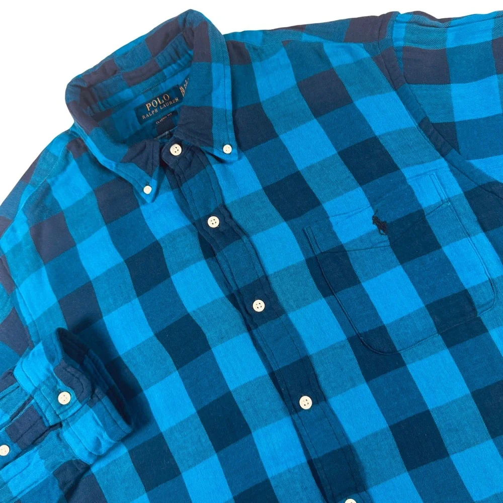 Polo Ralph‎ Lauren Buffalo Check Flannel Shirt Mens XL Blue Plaid Classic Fit